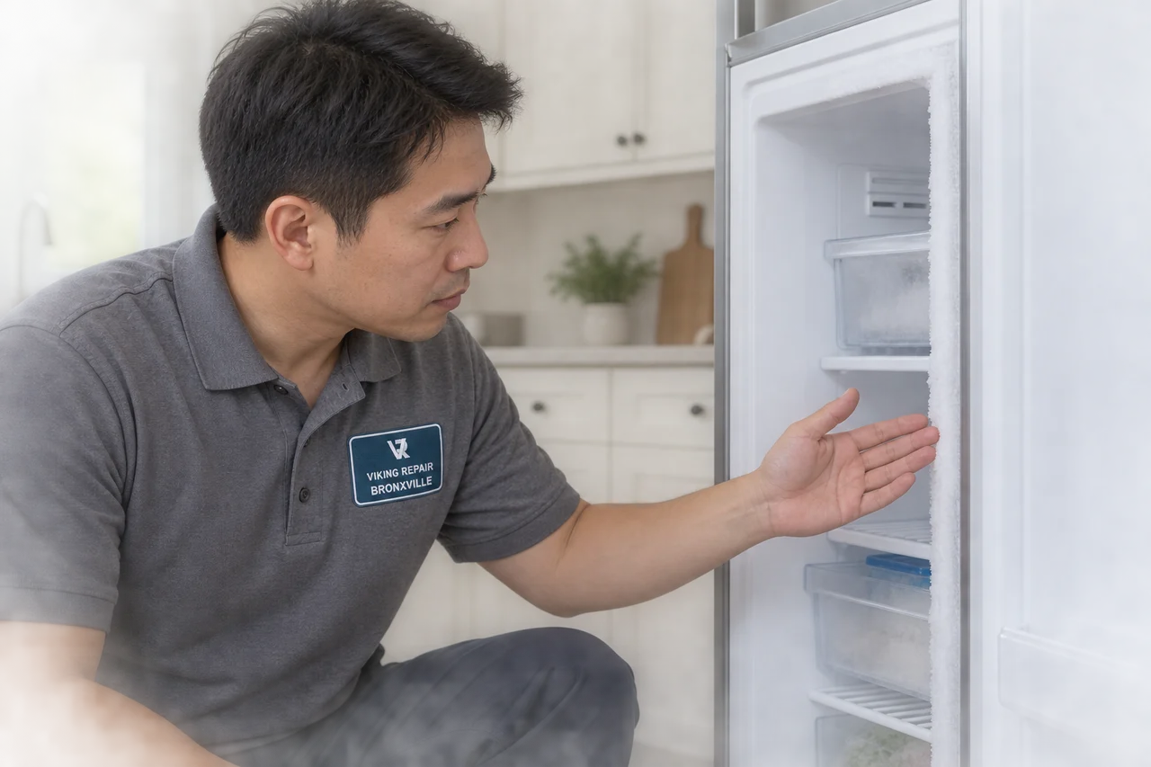 Illustrative technician observing frost inside an open freezer in a Bronxville uniform.